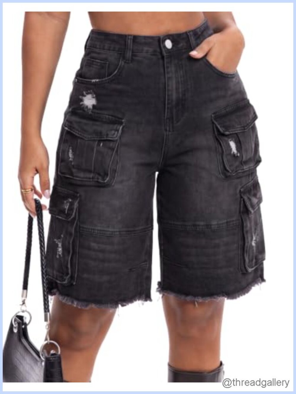 High Waisted Ripped Wide Leg Denim Bermuda Shorts with Pockets Cotton Spandex